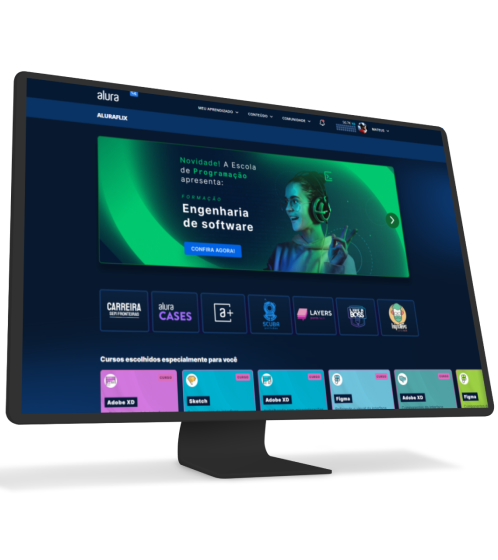 monitor e um celular com o alura plus aberto